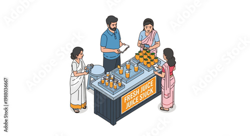 Isometric illustration of a vibrant Indian summer drinks stall, where vendors serve traditional cooling beverages like lassi and nimbu pani to customers, captured with bright colors