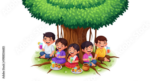 Under the shade of a large tree, a group of smiling children sit cross-legged enjoying traditional Indian summer drinks, with a plate of snacks, in a brightly colored illustration