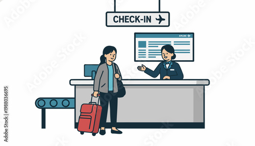 Illustration of a traveler checking in with an airline representative at an airport counter.