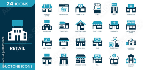 Retail icon set. Book store, mall, superstore, pharmacy, cafe, gas station, grocery store, outlet, shopping store, online store. Duotone vector icons.