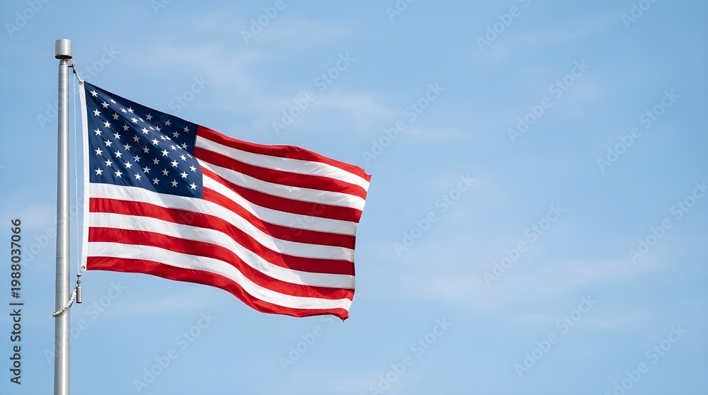 Fototapeta premium A United States flag gently waving on a flagpole under a clear blue sky. Bright red, white, and blue colors with visible stars and stripes create a clean, minimal composition ideal for patriotic.