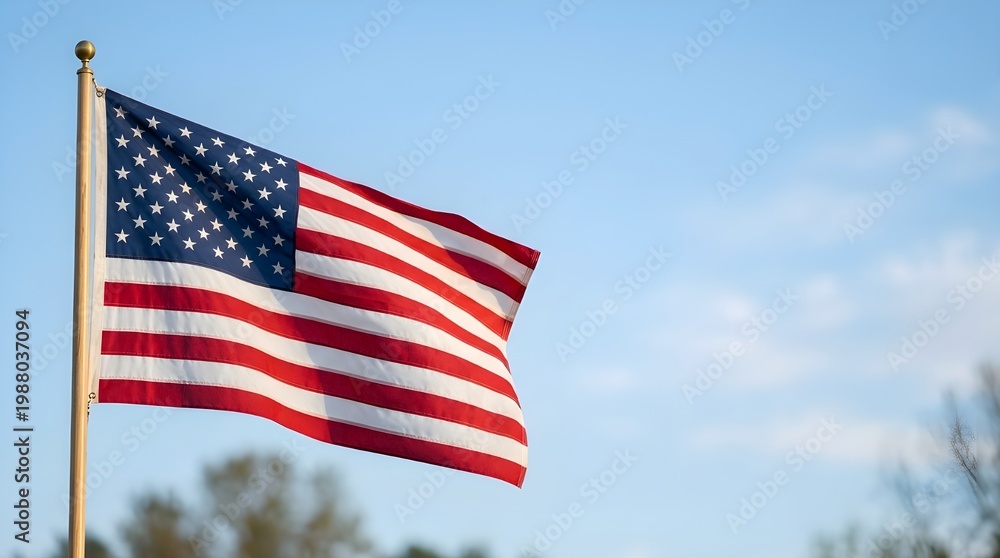 Obraz premium A United States flag gently waving on a flagpole under a clear blue sky. Bright red, white, and blue colors with visible stars and stripes create a clean, minimal composition ideal for patriotic.