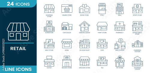 Retail icon set. Shopping store, online store, book store, mall, superstore, pharmacy, cafe, gas station, grocery store, outlet. Line vector icons.