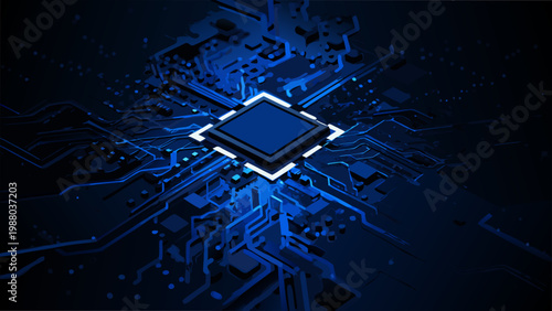 An abstract depiction of a computer processor with glowing circuitry and a central chip
