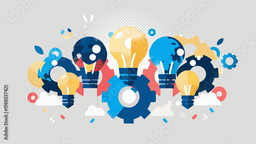 Colorful lightbulbs and gears illustrate concepts of innovation ideas and creative problem solving