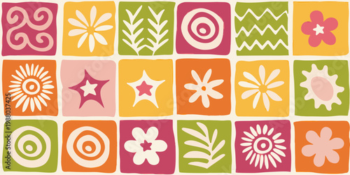 A colorful pattern of repeating squares each containing a different floral or abstract design