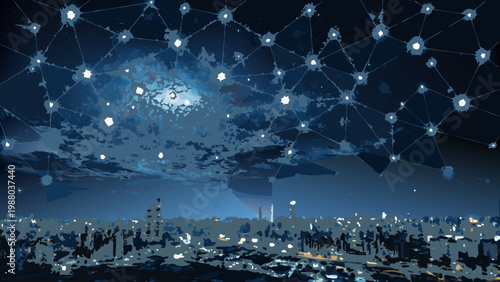 A futuristic cityscape merges with a glowing network of interconnected nodes and data streams