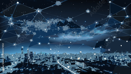 A futuristic cityscape is overlaid with a glowing network of interconnected nodes and lines