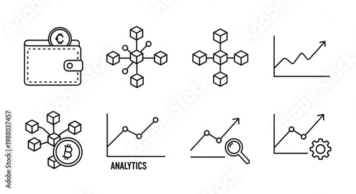 Digital currency wallet and blockchain network icons with financial charts.
