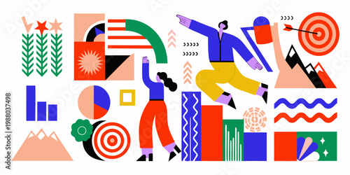 Abstract illustration depicting success growth and achievement with dynamic figures and geometric shapes
