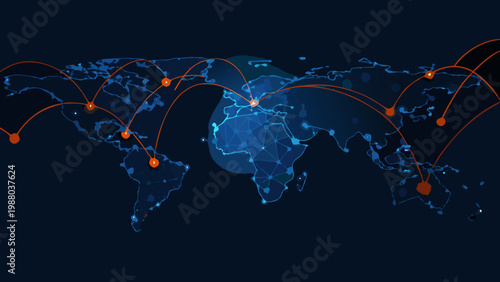 A glowing world map with connecting lines representing global networks and data transfer