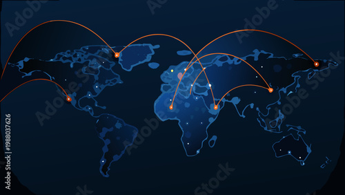 Obraz na płótnie A global network connection map illustrating worldwide communication and data tr