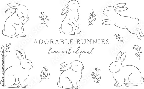 Black and white minimalist line art of six cute bunnies in different poses on a white background, with small floral doodles.