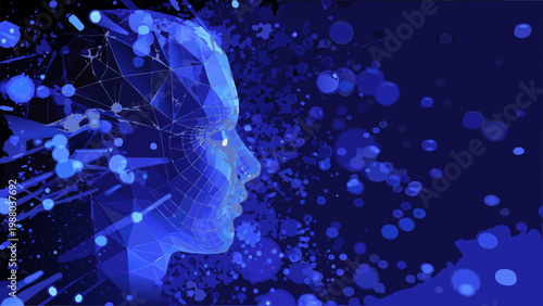 A digital human head constructed from glowing lines and fragmented particles on a dark background