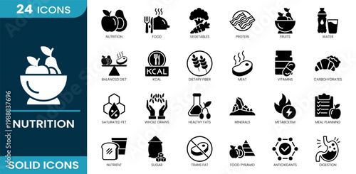 Nutrition icon set. Food, vegetables, protein, fruits, water, diet, vitamins, minerals, digestion, nutrition. Solid vector icons.