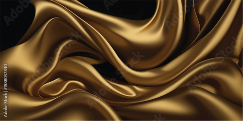Elegant flowing golden silk and satin fabric background featuring smooth waves and luxury drapery texture for a shiny decorative textile backdrop