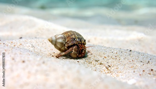 A Small Hermit Crab Scuttling Across a Sandy Seabed in Shallow Ocean Water