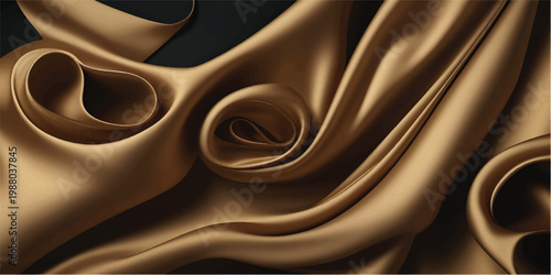 Luxurious golden silk fabric with a smooth satin texture features flowing waves and elegant rippled curves for a shiny decorative backdrop