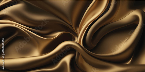 A luxury golden silk and satin fabric background featuring smooth flowing waves of shiny material with a soft texture and elegant brown chocolate curves for a decorative textile backdrop
