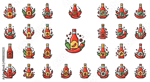 Spicy Hot Sauce Bottles with Peppers and Flames - Vector Icons Collection