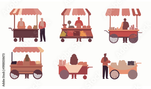 Street vendors selling fresh food at carts local farmers market flat vector illustration set isolated on white background