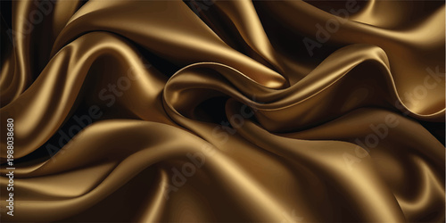 Luxurious golden silk and satin fabric background featuring smooth waves of shiny textile material with elegant curves for a soft decorative backdrop