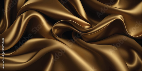 Smooth golden silk and satin fabric creates a luxury textile backdrop featuring elegant soft waves and a shiny yellow texture for fashion design