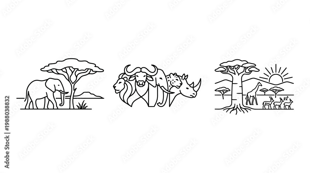 Fototapeta premium African Safari Wildlife Line Art Set