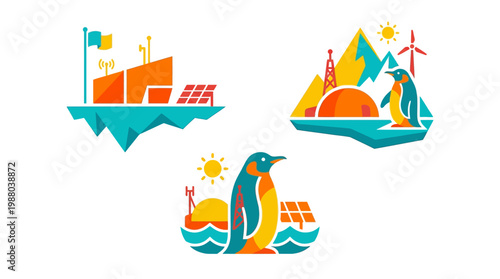 Ecological Icons Featuring Penguins Structures and Landscape
