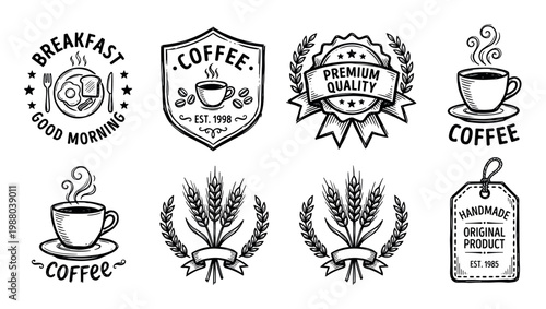 Hand drawn vintage style badges and labels collection featuring breakfast, coffee, premium quality, wheat, and handmade product designs for various uses.