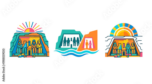 Colorful Flat Icon Set of Abu Simbel Temples