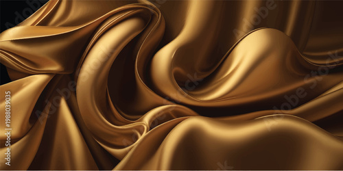 A flowing golden silk and satin fabric background features smooth luxury waves and soft curves in a liquid motion textile design