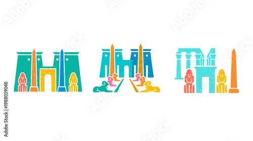 Colorful Egyptian Temple Icons on White