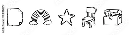 Hand drawn doodle icons collection of charming illustrations for children's books, educational materials, and various creative projects.