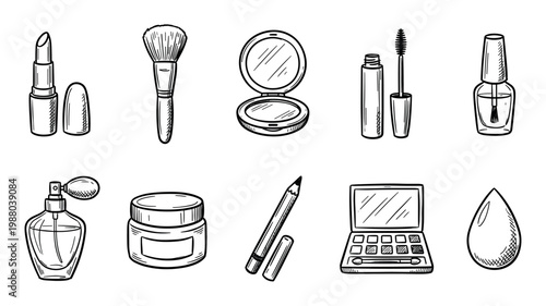 Makeup and beauty products hand-drawn illustration set featuring essential cosmetic items like lipstick, mascara, and perfume for daily personal care and style.