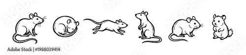 Six hand-drawn rodents in various poses, including sitting, sleeping, running, and standing, illustrate different actions and emotions in a cute doodle style.