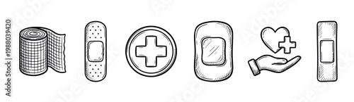 First aid medical supplies and symbols doodle icons collection representing healthcare, emergency treatment, and wound care in a hand-drawn style.