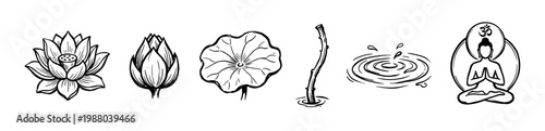 Lotus flower and meditation symbols are depicted in a collection of hand-drawn black and white illustrations, representing peace, purity, and spiritual growth.