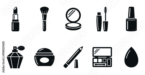 Makeup and beauty products icons set showcases essential cosmetic items including lipstick, mascara, perfume, and brushes, ideal for modern design projects.
