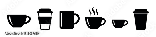 Coffee cups and mugs icon set in various styles for hot beverages, including disposable and steaming options, ideal for web and app design.