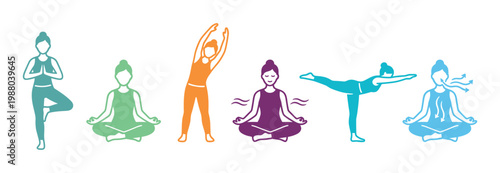 Women practicing yoga and meditation exercises are depicted in a colorful collection of stylized icons illustrating various wellness activities and poses.