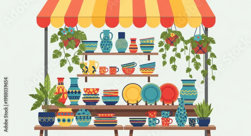 Colorful Ceramic Pottery Displayed at Outdoor Market Stall.
