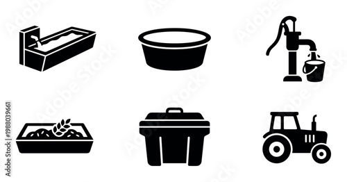Farming and agriculture icons representing various rural elements, including water systems, planting, storage, and machinery, in a clean black silhouette style.