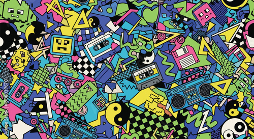 Retro 80s 90s Pattern: Cassette Tapes, Boomboxes, Floppy Disks & Yin Yang Symbols