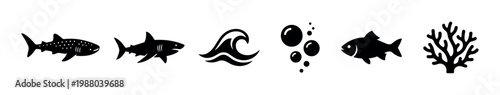 Marine life and ocean elements icons collection featuring various sea creatures, waves, and coral for aquatic-themed design projects.