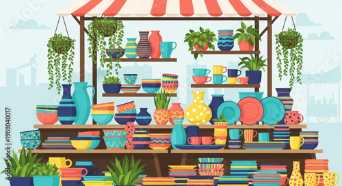 Colorful Ceramic Pottery Stall Display.