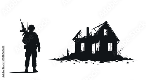 Soldier standing guard in front of abandoned burning house in dramatic silhouette