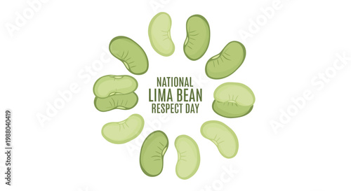 A circular vector illustration celebrates National Lima Bean Respect Day, showcasing scattered green lima beans against a clean white background, rendered with a hand-drawn style
