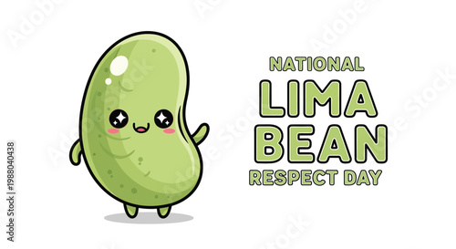 A whimsical vector illustration celebrates National Lima Bean Respect Day with a cheerful, cartoon-style lima bean character waving, set against a clean white background with playful