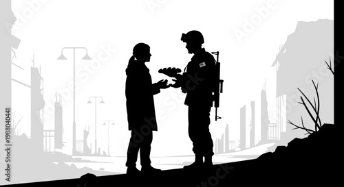 Silhouette of Soldier Offering Food to Civilian in Destroyed City Landscape